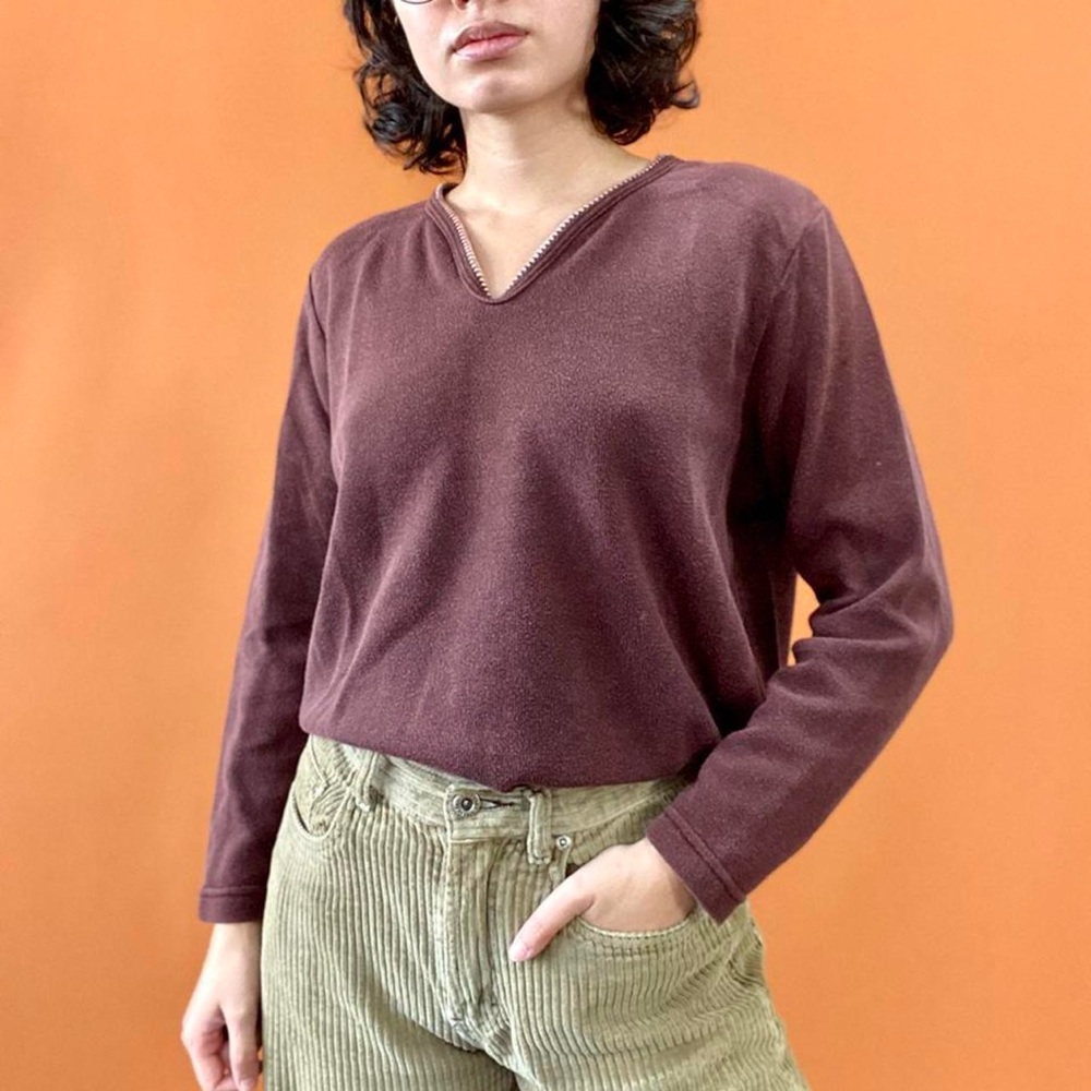Brown V-Neck Long Sleeve Top
